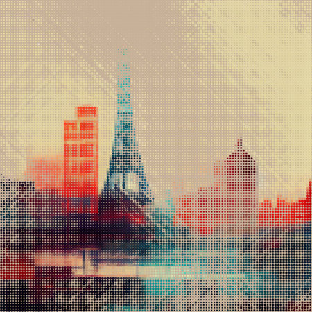 Abstract cityscape halftone dots background. Vector illustrationのイラスト素材