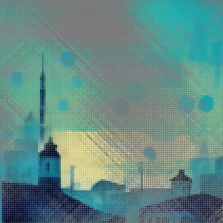 Abstract cityscape halftone dots background. Vector illustrationのイラスト素材