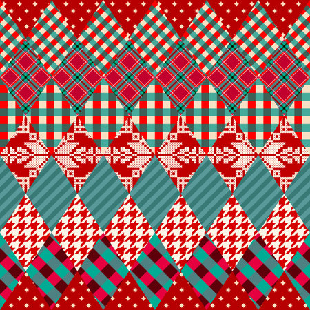 Patchwork textile pattern. Seamless quilting design background. Merry Christmas cozy pattern.のイラスト素材