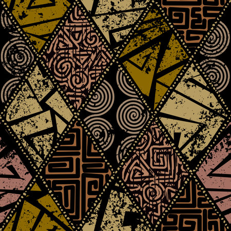 Grunge Geometric Vector Seamless Pattern made in ethnic style. African traditional design. Creative boho pattern.のイラスト素材
