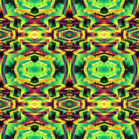 This captivating piece features a vibrant geometric seamless pattern with colorful symmetry and...