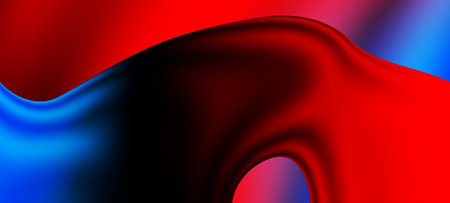Abstract blue and red liquid wavy shapes futuristic banner. Glowing retro waves wide backgroundの写真素材