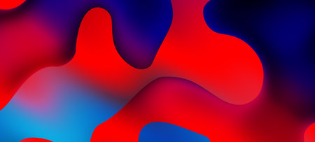 Abstract blue and red liquid wavy shapes futuristic banner. Glowing retro waves wide backgroundの写真素材