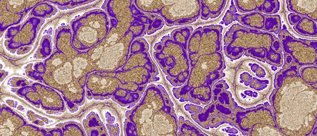 Soft blue marble background with gold glitter veins, realistic style. Digital art fractal marbled...