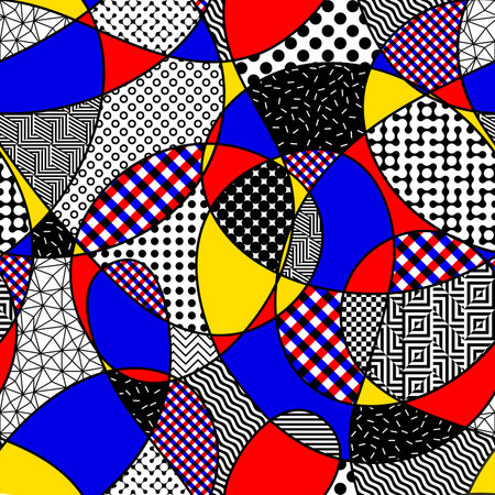 Abstract geometric pattern design in retro style. Patchwork style. Red, blue, yellow colors. Vector...