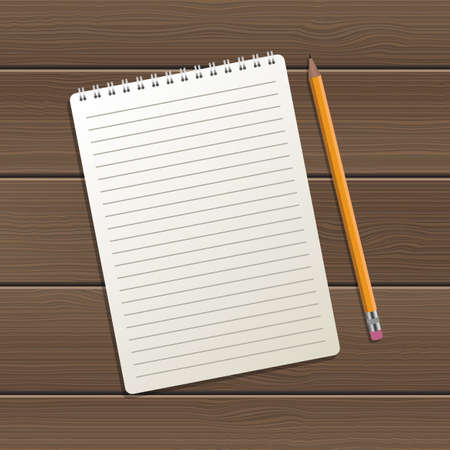 Realistic notebook and pen on wooden background vector design illustrationのイラスト素材