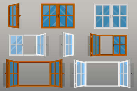 Wooden windows set vector design illustration isolated on white background