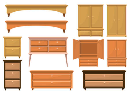 Retro wooden bedroom furniture vector design illustration isolated on white background