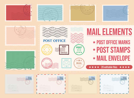 Set of post office clipart vector elements . Post, stamp, mark, envelope set. Vector Clipart Printのイラスト素材