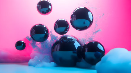 A series of shiny, metallic spheres are floating in the air, creating a sense of movement and energy. The bright pink background adds a pop of color and contrast to the sceneの写真素材