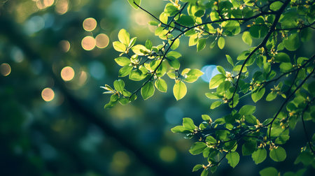 A tree with leaves is shown in a blurry background. The leaves are green and the background is blurry, giving the impression of a dreamy, ethereal atmosphereの写真素材