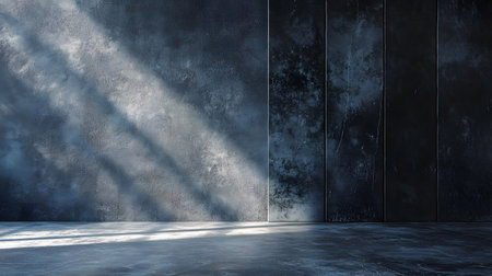 A room with a wall that is covered in cracks and has a blue color. The room is empty and has a very cold and dark atmosphereの写真素材