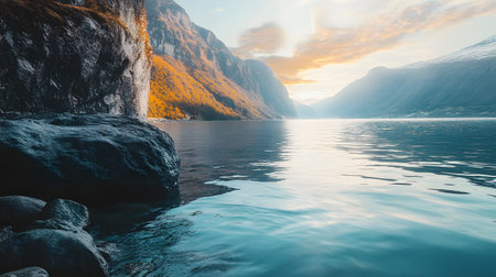 A beautiful lake with a mountain in the background. The sky is orange and the water is calmの素材