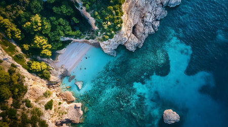 A beautiful blue ocean with a rocky shoreline and a lush green forest in the background. The water is calm and clear, and the sky is a beautiful shade of blue. The scene is serene and peacefulの素材