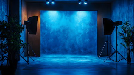 A blue room with two lights and a green plant. The lights are on and the room is dimly litの素材