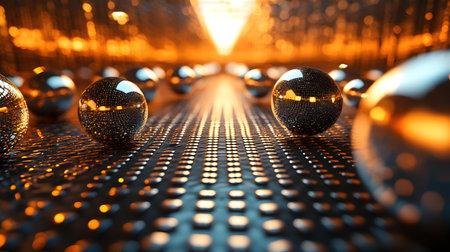 A close up of a bunch of shiny, metallic spheres. The spheres are arranged in a pattern, with some overlapping and others standing alone. Scene is one of order and precisionの素材