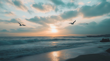 The sky is blue and the sun is setting. There are three birds flying in the sky. The ocean is calm and the water is reflecting the sunの素材