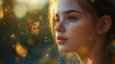 A woman is looking at a butterfly. The butterfly is orange and black. The woman is looking at the butterfly with a smile on her faceの素材