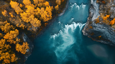 A beautiful blue river with trees in the background. The trees are yellow and orange, creating a warm and inviting atmosphere. The water is calm and peaceful, making it a perfect place to relaxの素材