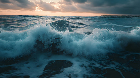 The ocean is rough and the waves are crashing. The sky is orange and pink, creating a beautiful and serene atmosphereの素材