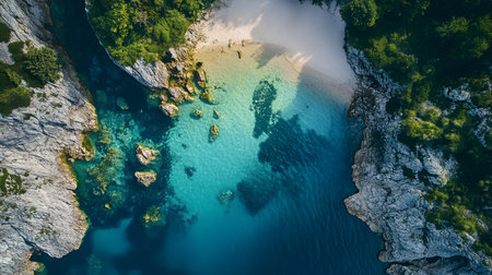 A beautiful blue ocean with a rocky shoreline. The water is calm and clear, and the sky is a bright blue. The scene is peaceful and serene, with the ocean and shoreline creating a sense of calmの素材