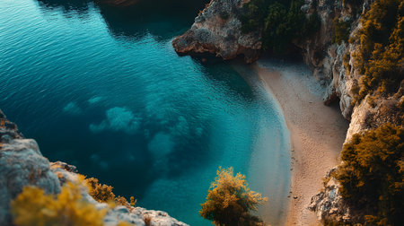 A beautiful beach with a clear blue ocean and a rocky shore. The water is calm and the shore is lined with treesの素材