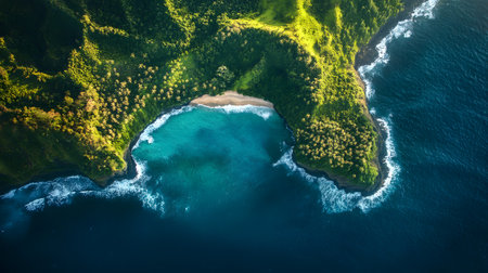 A beautiful blue ocean with a green island in the middle. The island is surrounded by trees and the water is calmの素材
