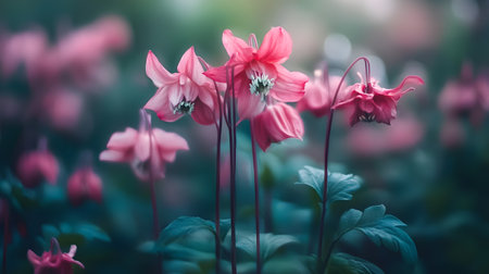 A bunch of pink flowers with green leaves. The flowers are in a field and the background is blueの素材