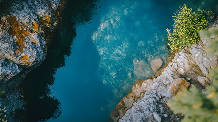 A body of water with a rocky shoreline. The water is blue and the rocks are greyの素材