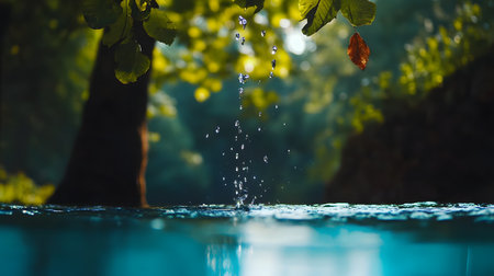 A tree is in the foreground and a leaf is falling from it. The water is calm and the leaves are falling from the treeの素材