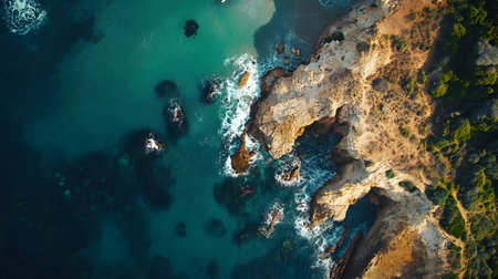 A beautiful ocean view with a rocky shoreline. The water is calm and clear, and the rocks are scattered throughout the area. The sky is a bright blue, and the sun is shining down on the waterの素材