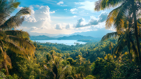 A lush green jungle with a lake in the background. The sky is blue with some cloudsの素材
