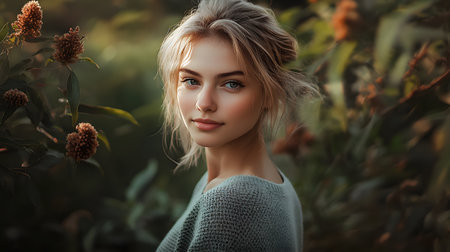 A woman with blonde hair and blue eyes is standing in a field of flowers. She is wearing a gray sweater and has a smile on her faceの素材