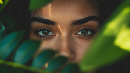 A woman with brown eyes and dark hair is peeking out from behind a leafy green plantの素材