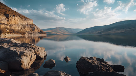 A beautiful lake with a rocky shoreline and mountains in the background. The water is calm and still, reflecting the surrounding landscape. Concept of tranquility and serenityの素材