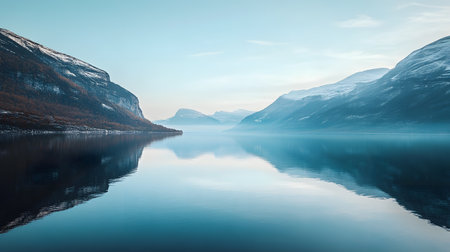 A beautiful lake with mountains in the background. The water is calm and still, reflecting the mountains and sky. The scene is serene and peacefulの素材