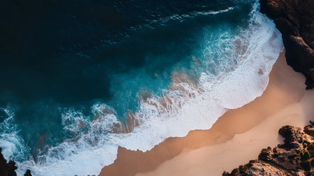 The ocean is calm and the waves are small. The beach is rocky and the water is blueの素材