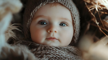 A baby wearing a brown hat and a brown sweater. The baby has blue eyes and is smilingの素材