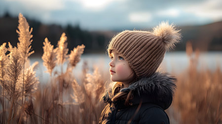 A young girl wearing a brown hat stands in a field of tall grass. The scene is peaceful and serene, with the girl looking out over the landscapeの素材