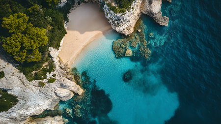A beautiful beach with a blue ocean and a rocky shore. The water is calm and the sky is clearの素材