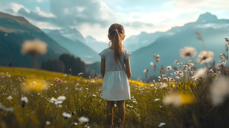 A young girl stands in a field of flowers, looking out over the mountains. The scene is peaceful and serene, with the girl's dress blending in with the natural surroundingsの素材