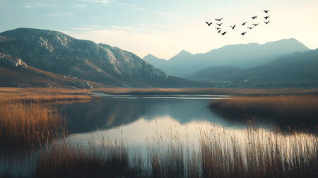 A beautiful landscape with a lake and mountains in the background. The sky is cloudy and the birds are flying in the skyの素材
