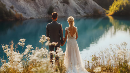 A bride and groom stand on a grassy hillside overlooking a lake. The bride is wearing a white dress and the groom is wearing a suit. The scene is serene and romantic, with the couple holding handsの素材