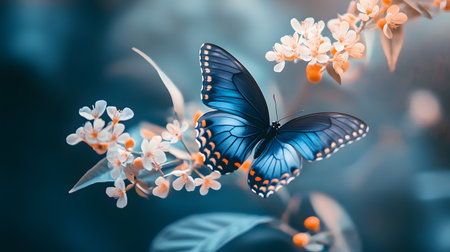 A blue butterfly is perched on a flower. The image has a serene and peaceful mood, as the butterfly is surrounded by delicate flowers and leavesの素材