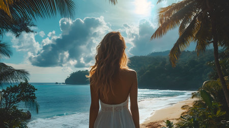 A woman stands on a beach, looking out at the ocean. The sky is cloudy, but the sun is still shining through. The woman is wearing a white dress and she is enjoying the viewの素材