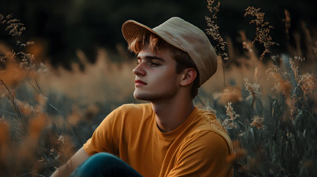 A man in a yellow shirt is sitting in a field of tall grass. He is wearing a straw hat and has a beard. The image has a peaceful and relaxed mood, as the man is enjoying the outdoorsの素材