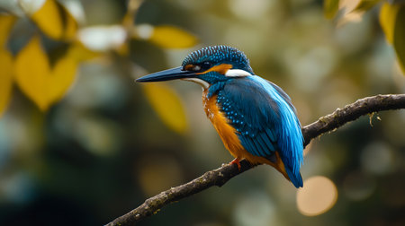 A blue and orange bird is perched on a branch. The bird is looking to the left. The image has a peaceful and serene moodの素材