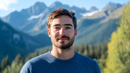 A man with a beard and a blue shirt is smiling at the camera. The mountains in the background create a serene and peaceful atmosphereの素材