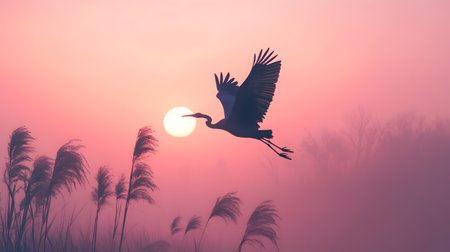 A bird is flying over a field of tall grass with a sun in the background. The sky is pink and the bird is silhouetted against the sunの素材