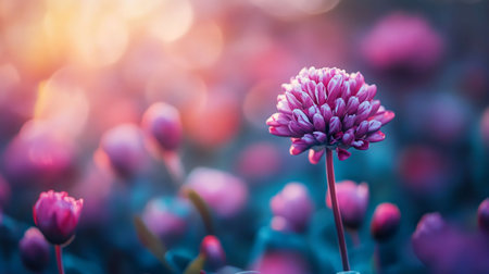 A field of pink flowers with a single pink flower in the foreground. The flowers are in full bloom and the sun is shining brightly on them. Concept of beauty and tranquilityの素材